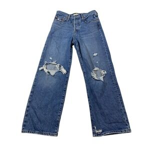 Levis Ribcage Straight Ankle Jeans 28 Womens Blue Distressed High Rise Straight
